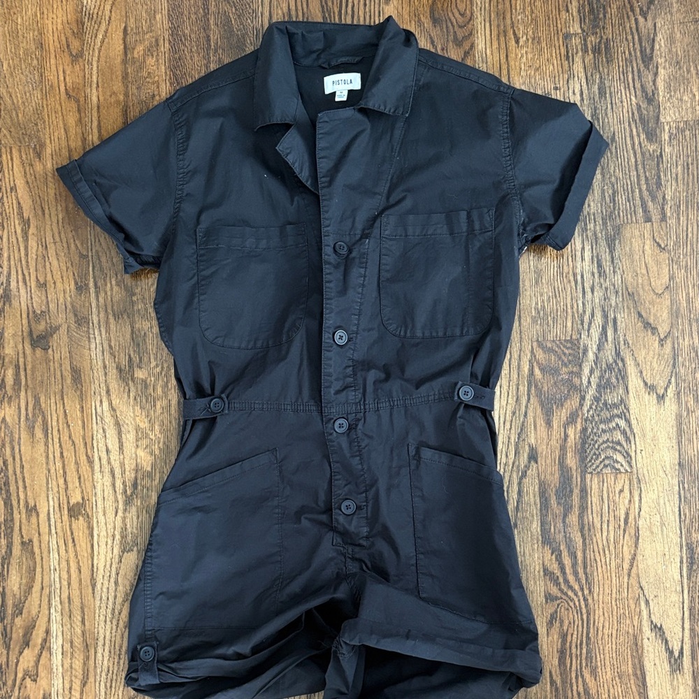 pistola Black Short Sleeve Button-Up Romper